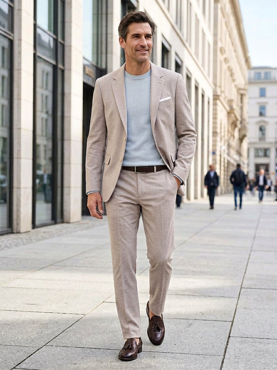 Anzug Huge-Genius, Slim Fit, Jersey, hellbeige gemustert