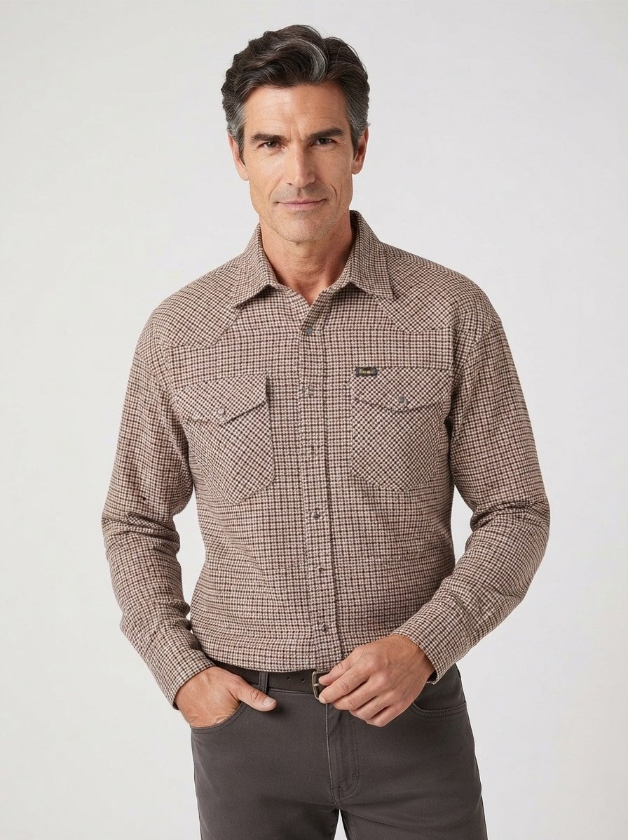 Overshirt Western, Baumwolle, Kent, Brusttasche, braun kariert