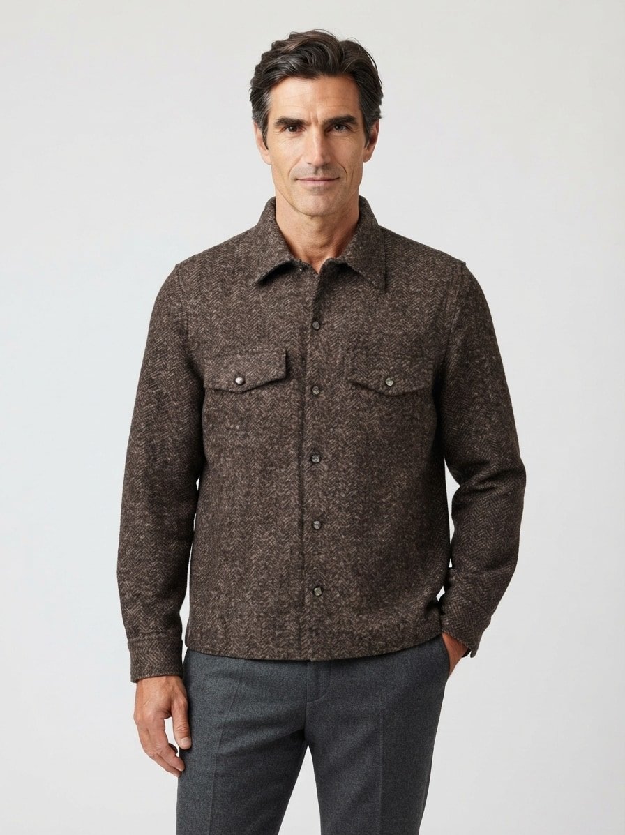 Overshirt, Jersey, Kent, Brusttasche, braun meliert