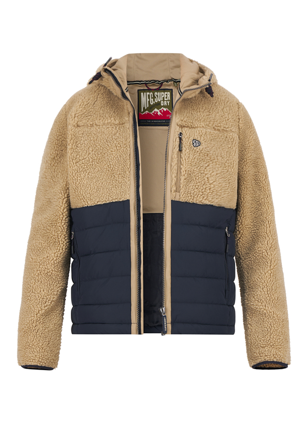 Hybrid Jacke, Teddyfell, Kapuze, navy-beige