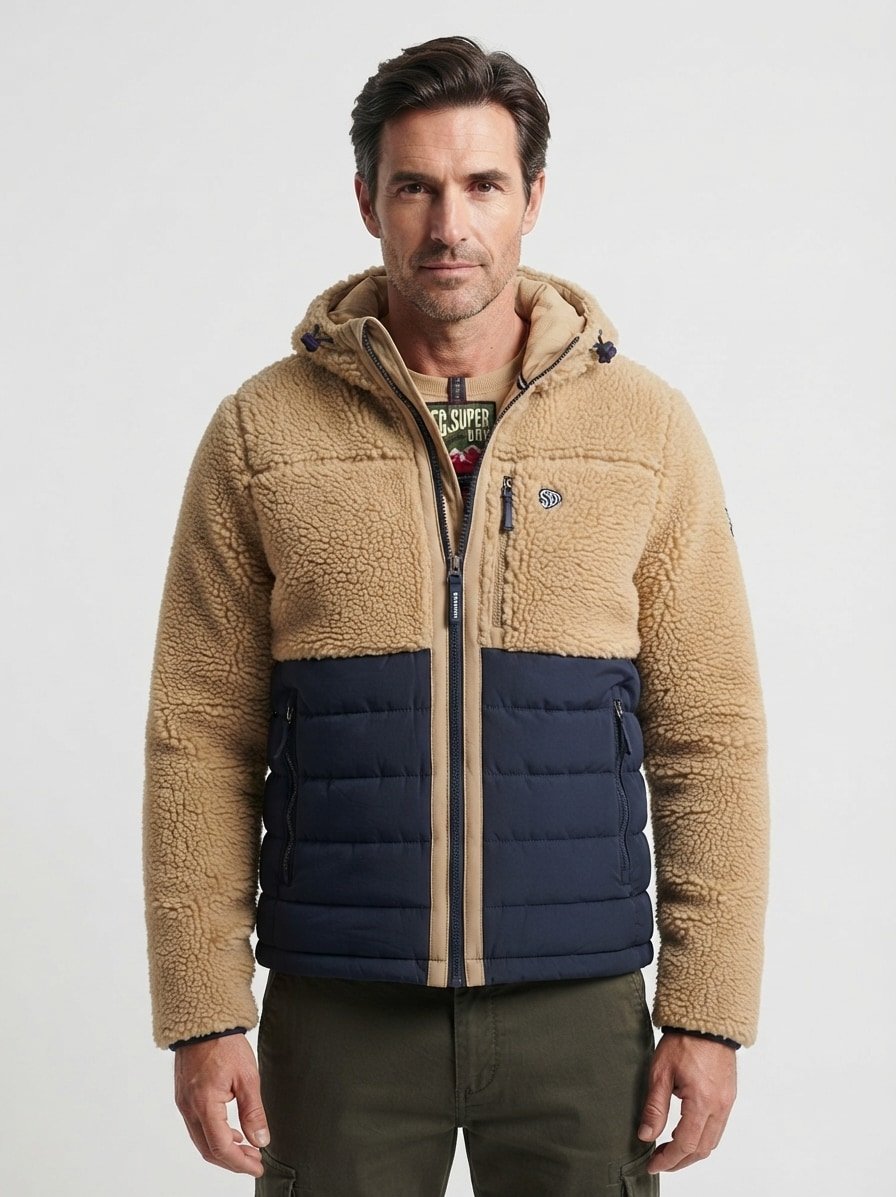 Hybrid Jacke, Teddyfell, Kapuze, navy-beige
