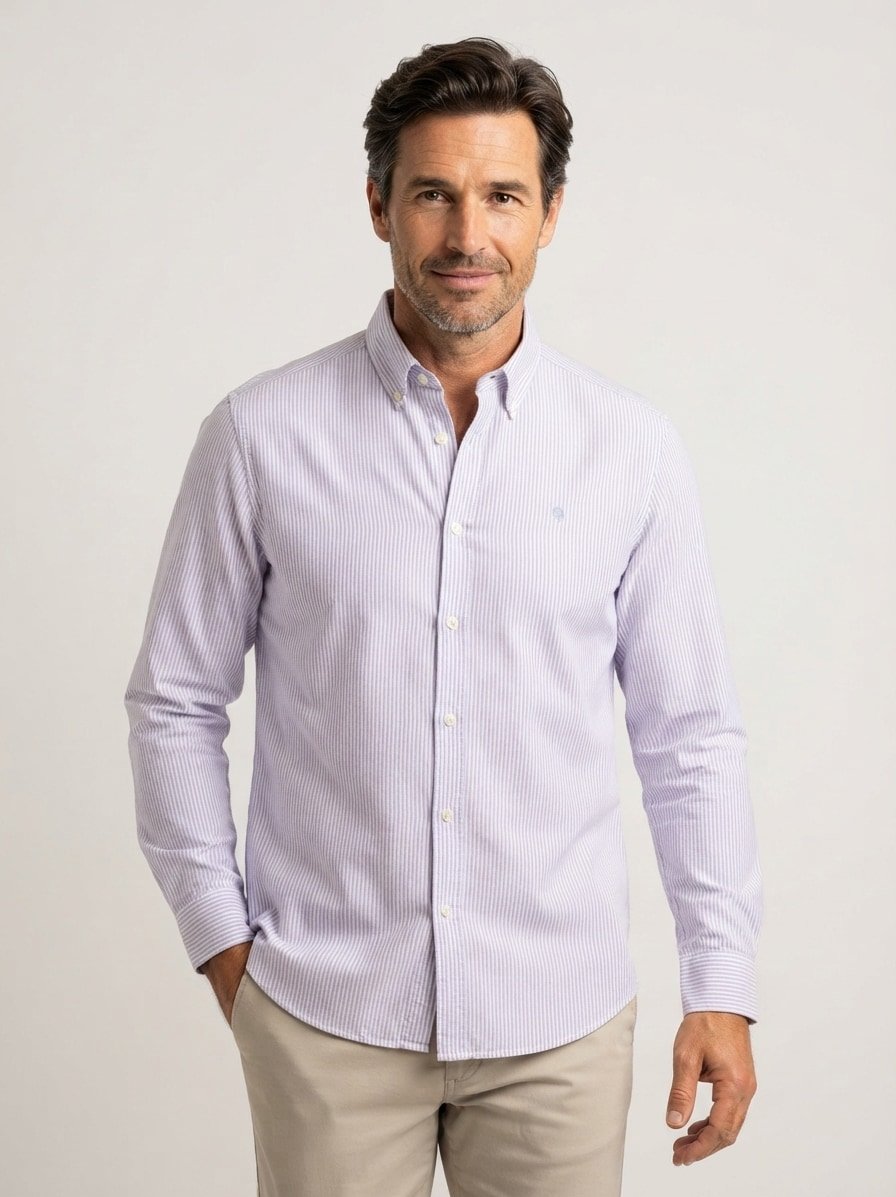 Hemd, Regular, Oxford, Button-Down, lila-weiß gestreift