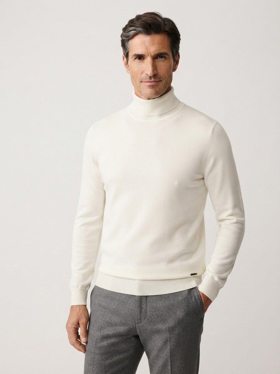 Rollkragenpullover, Extrafein Merinowolle Baumwolle, ecru
