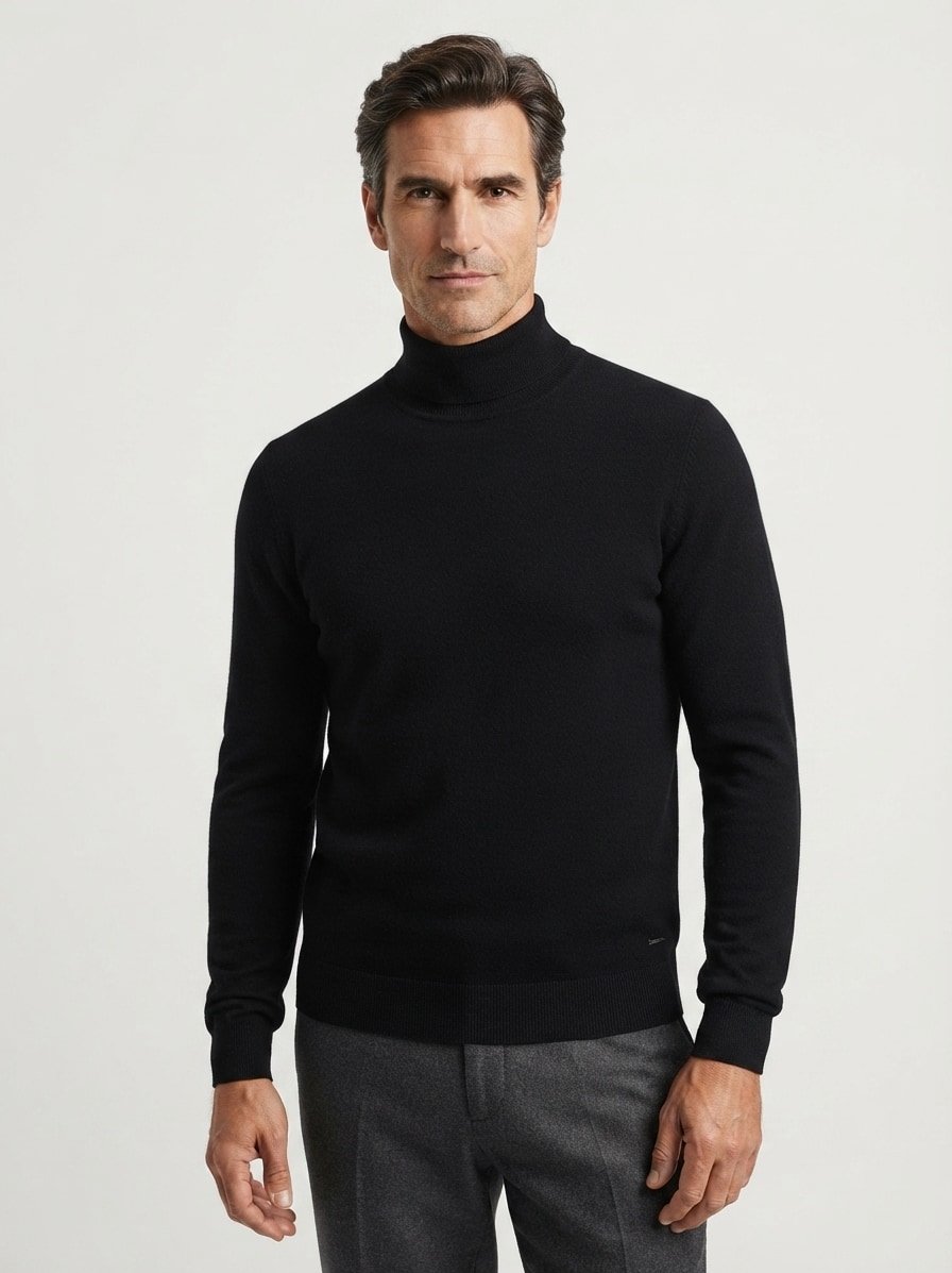 Rollkragenpullover, Extrafein Merinowolle Baumwolle, schwarz