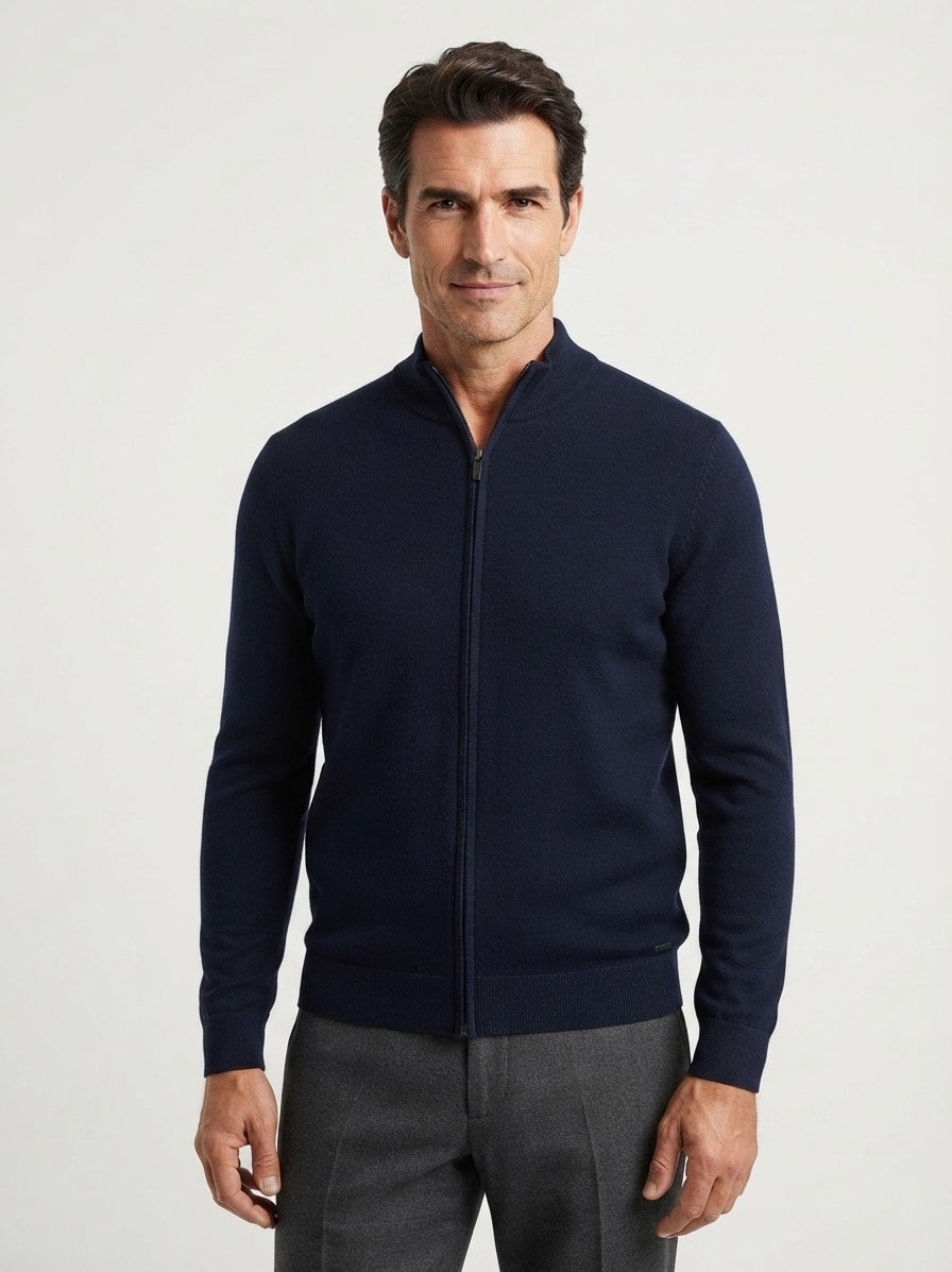 Strickjacke, Extrafein Merinowolle Baumwolle, dunkelblau meliert