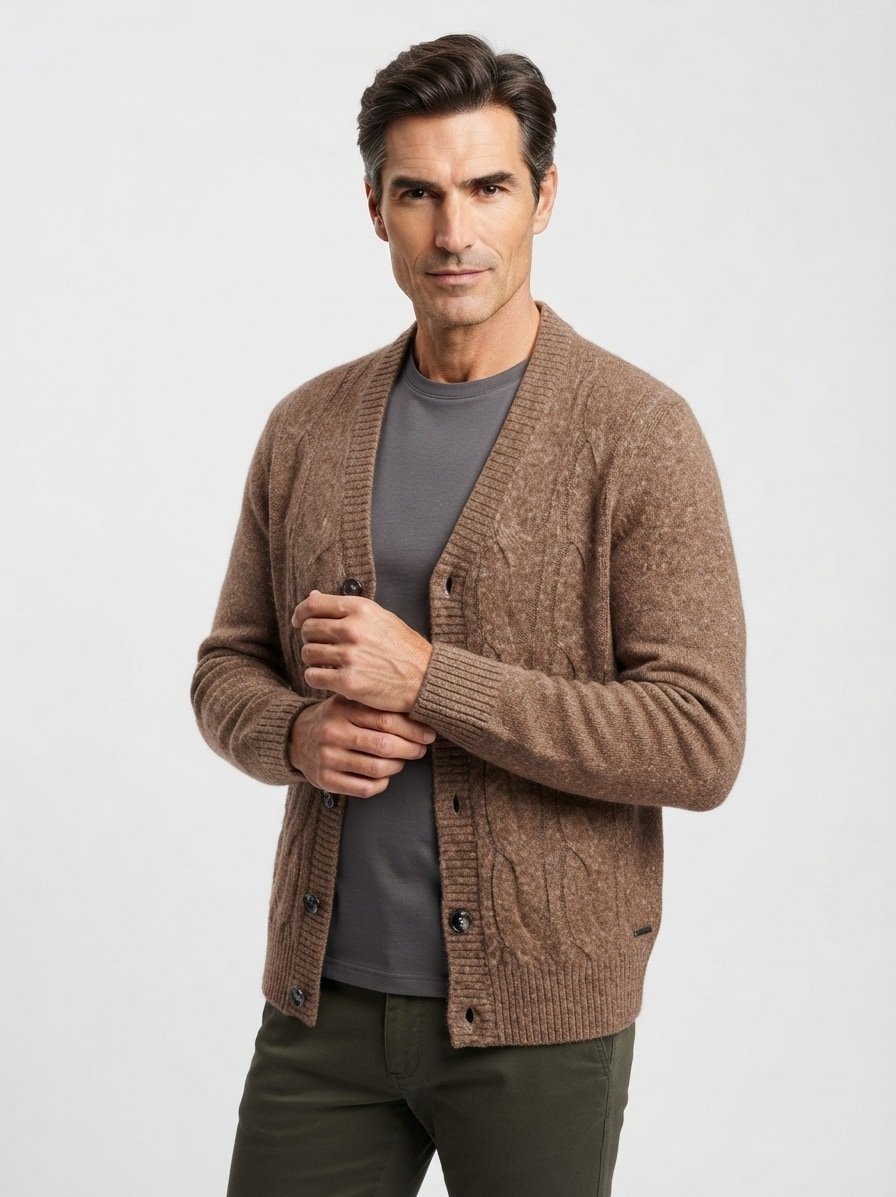 Strickjacke, extrafeine Merinowolle, braun meliert