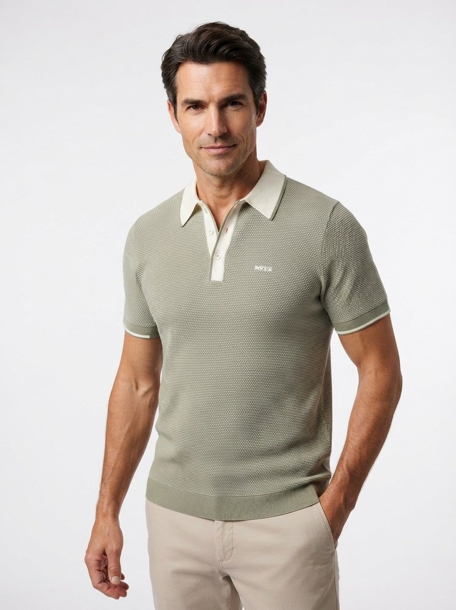 Polo-Shirt, Strick, militärgrün-ecru gemustert