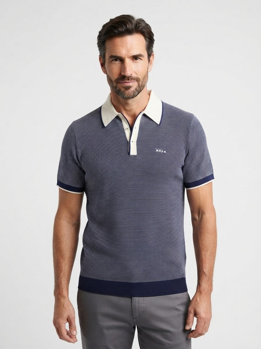 Polo-Shirt, Strick, navy-ecru gemustert