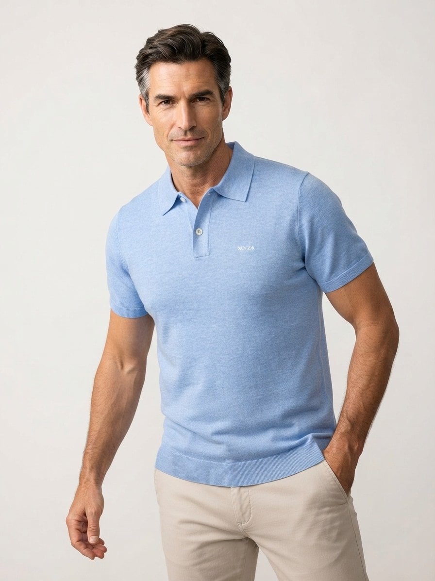 Polo-Shirt, Feinstrick, blau meliert