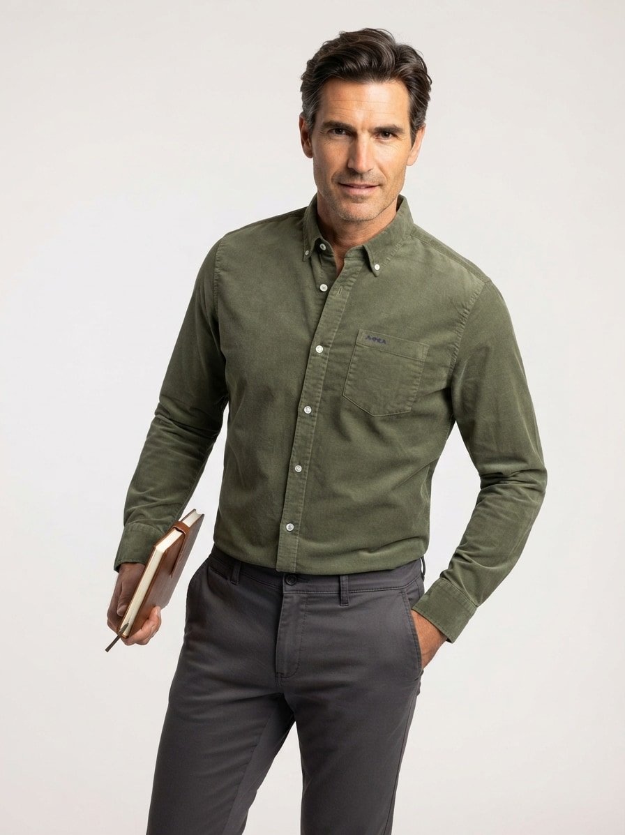 Hemd, Regular Fit, Stretch Cord, Button-Down, Brusttasche, grün