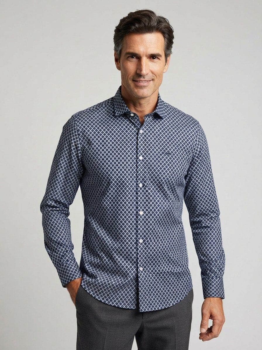 Hemd, Baumwoll-Stretch, Button-Down, hellblau-dunkelgrün gemustert
