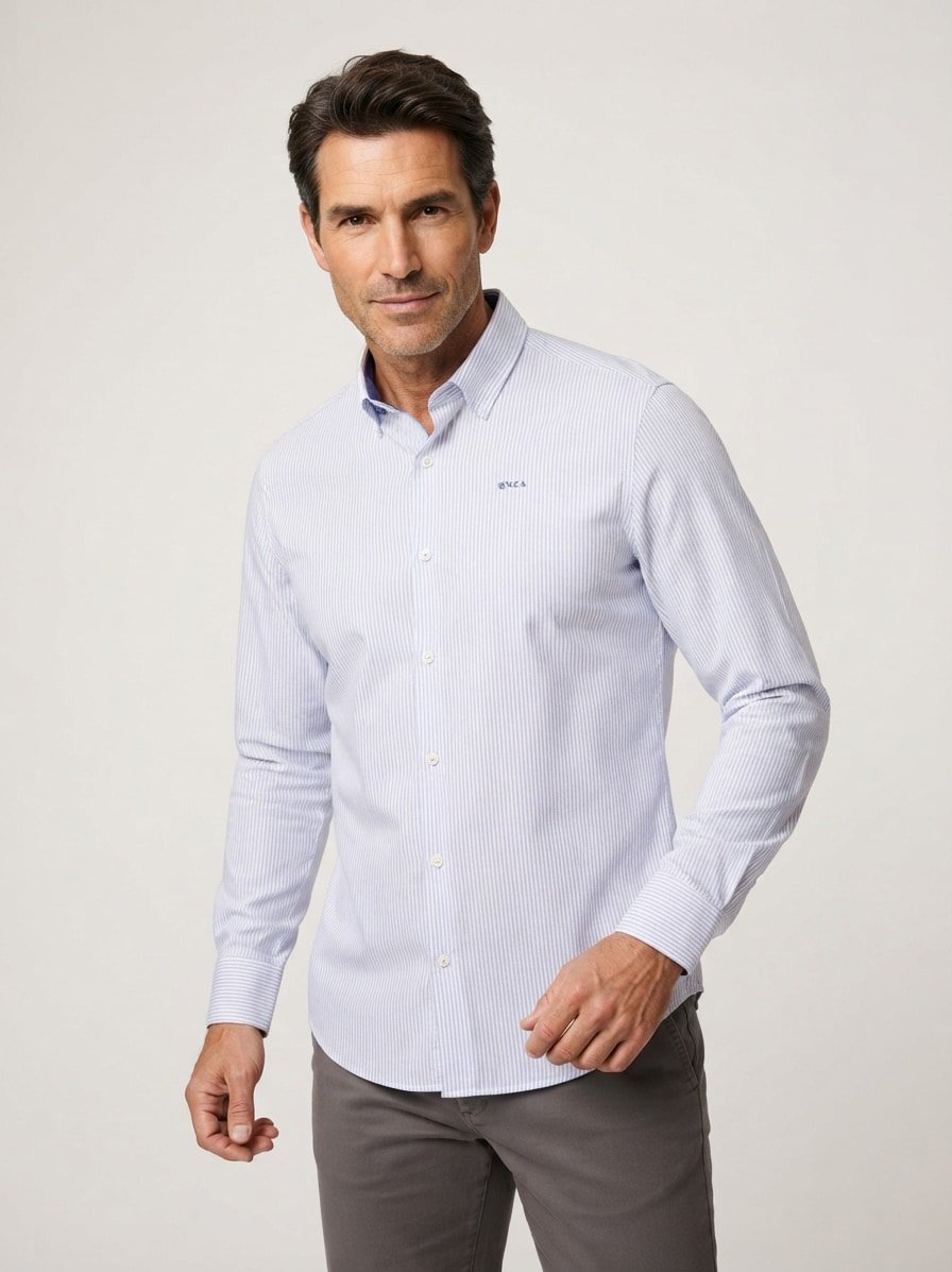 Hemd, Baumwoll-Stretch, Button-Down, blau-weiß gestreift