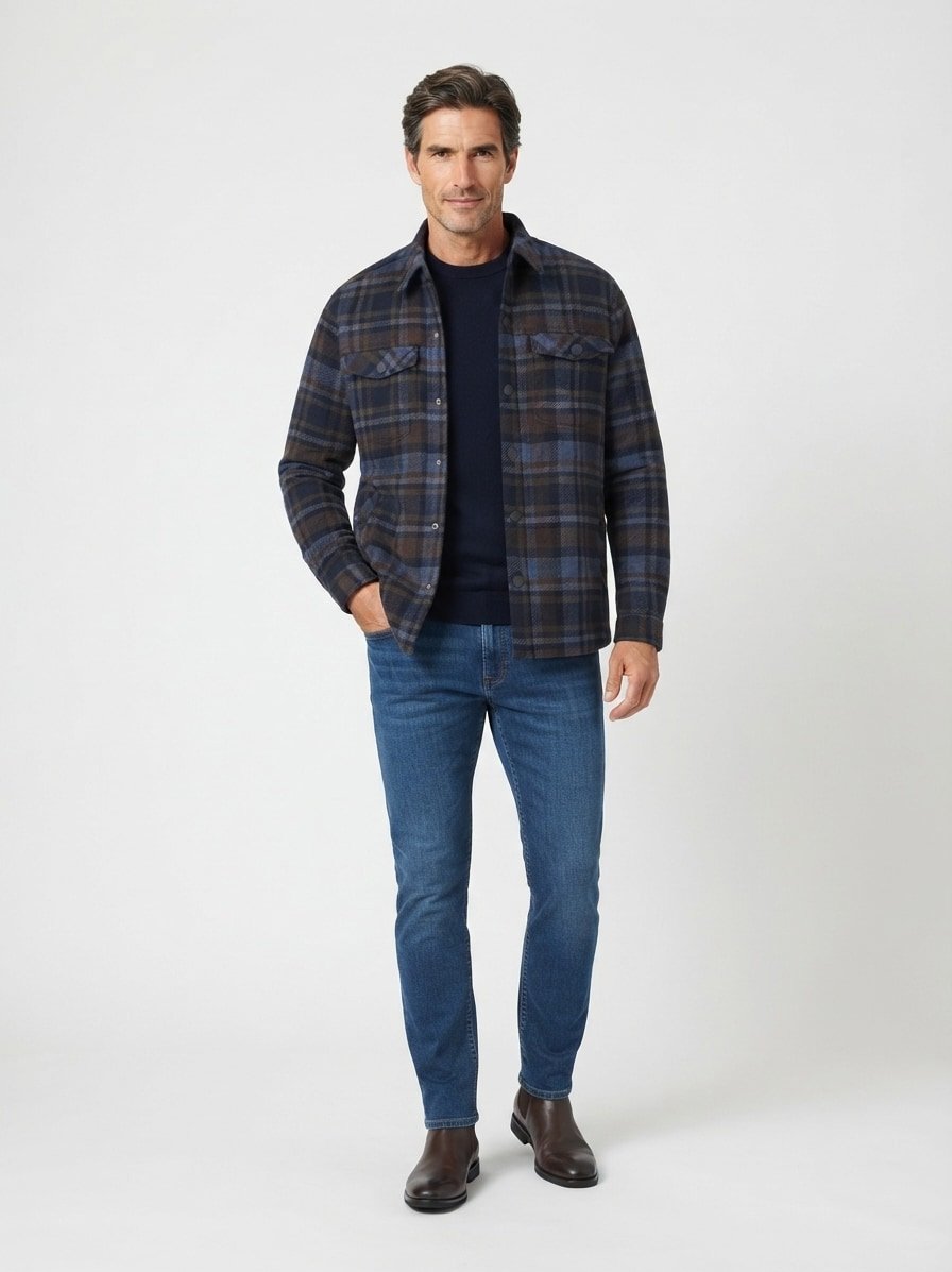 Overshirt, Wolle Mikrofaser, navy-braun kariert