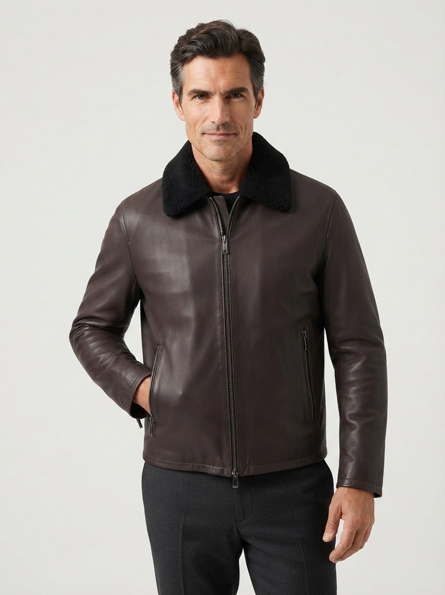 Lederjacke Monty, Lammnappa Echtfellkragen, dunkelbraun