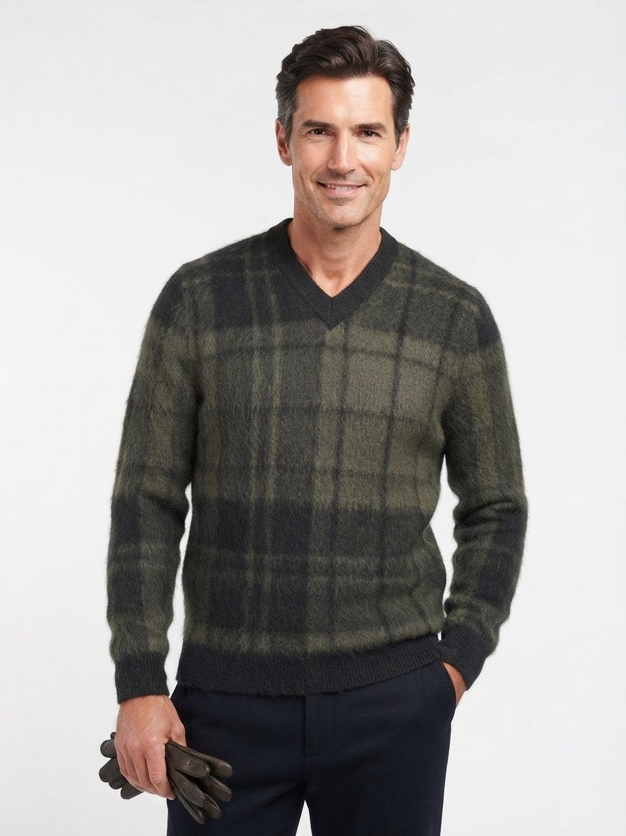 Pullover Hunhan, Woll-Mischung, grün-schwarz kariert