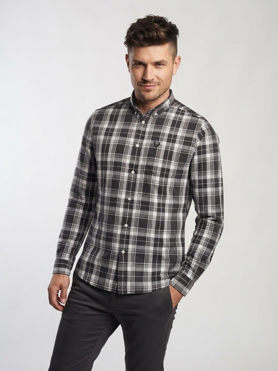 Hemd, Baumwolle, Button-Down, Brusttasche, schwarz-weiß kariert