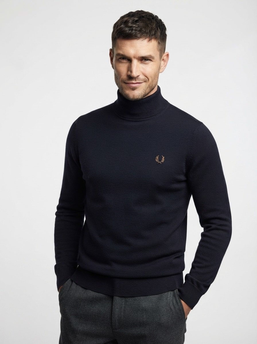 Rollkragenpullover, Wolle-Baumwolle, dunkelblau