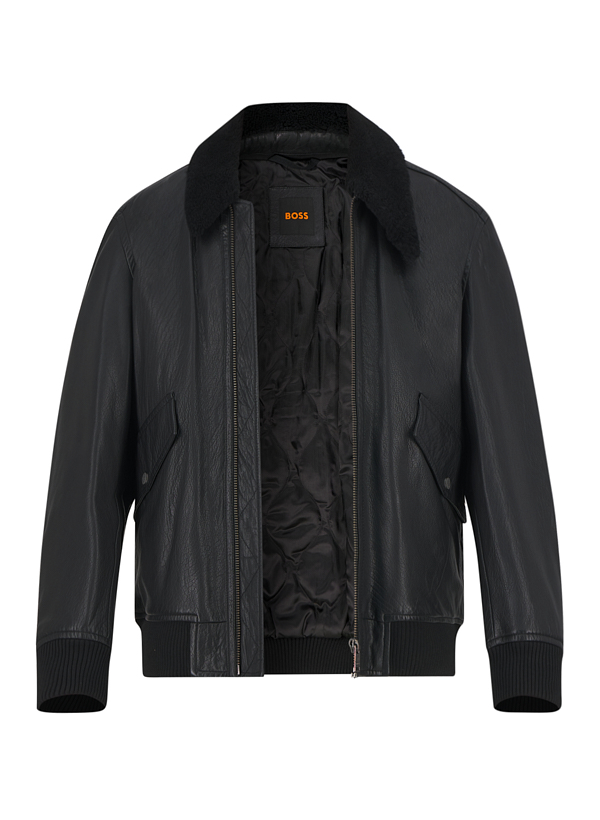 BOSS Orange Herren Lederjacke schwarz unifarben