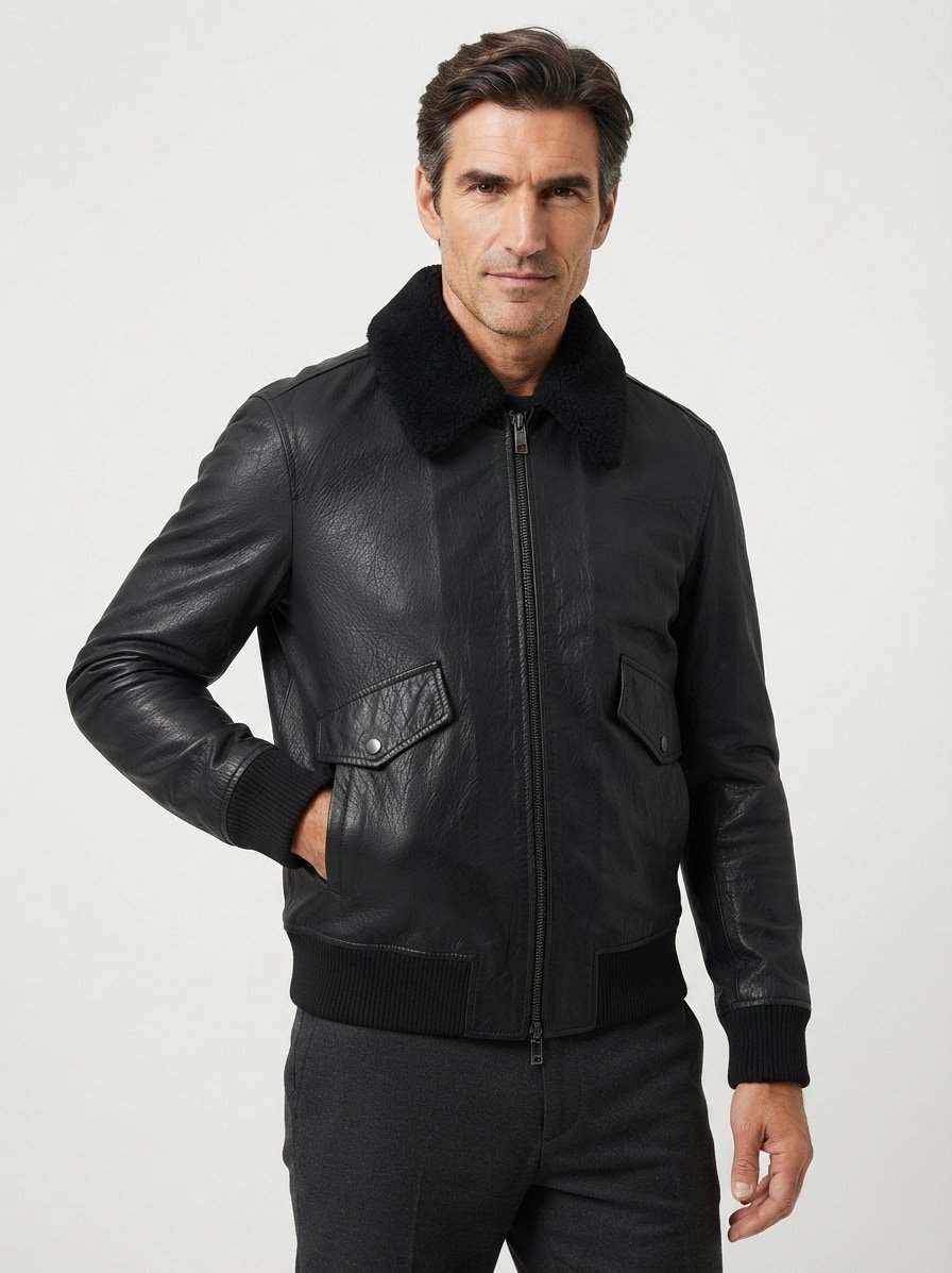 Lederjacke, Rindleder Echtfellkragen, schwarz