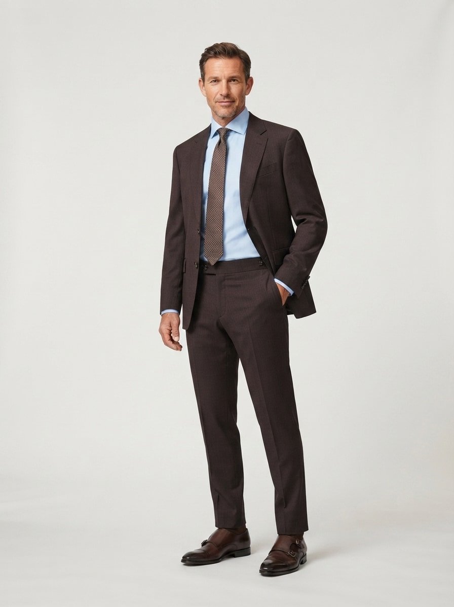 Anzug, Huge, Slim Fit, Schurwolle, dunkelbraun gemustert