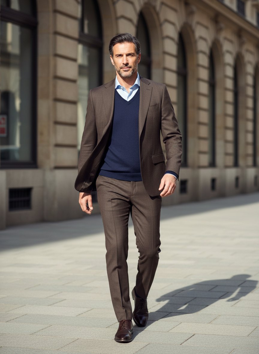 Anzug, Huge, Slim Fit, Schurwolle, dunkelbraun gemustert