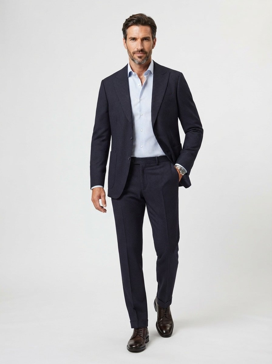 Anzug, Regular Fit, Flanell, dunkelblau nadelstreifen