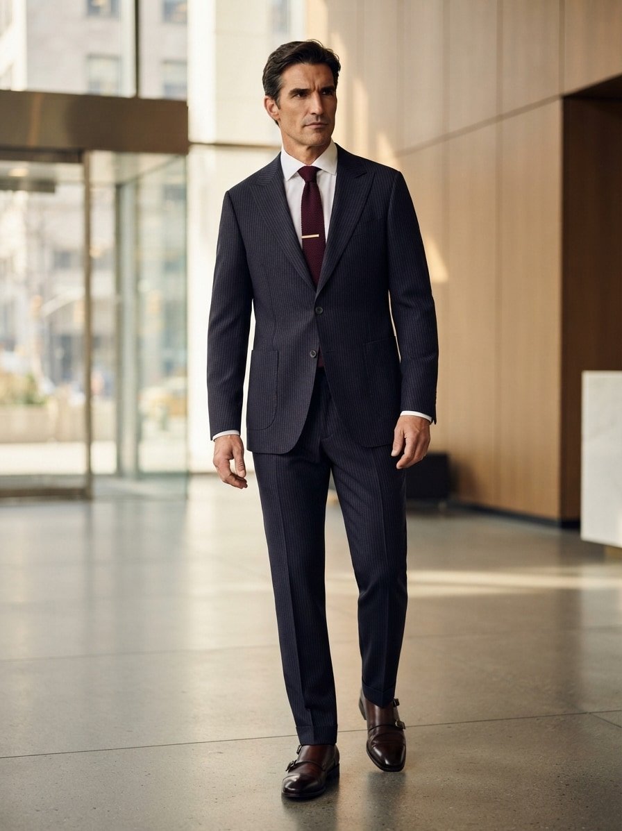 Anzug, Regular Fit, Flanell, dunkelblau nadelstreifen