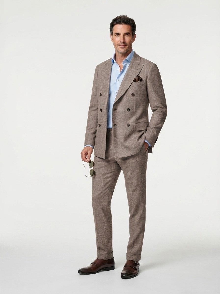 Zweireiher-Anzug Huge, Slim Fit, Schurwolle, braun glencheck