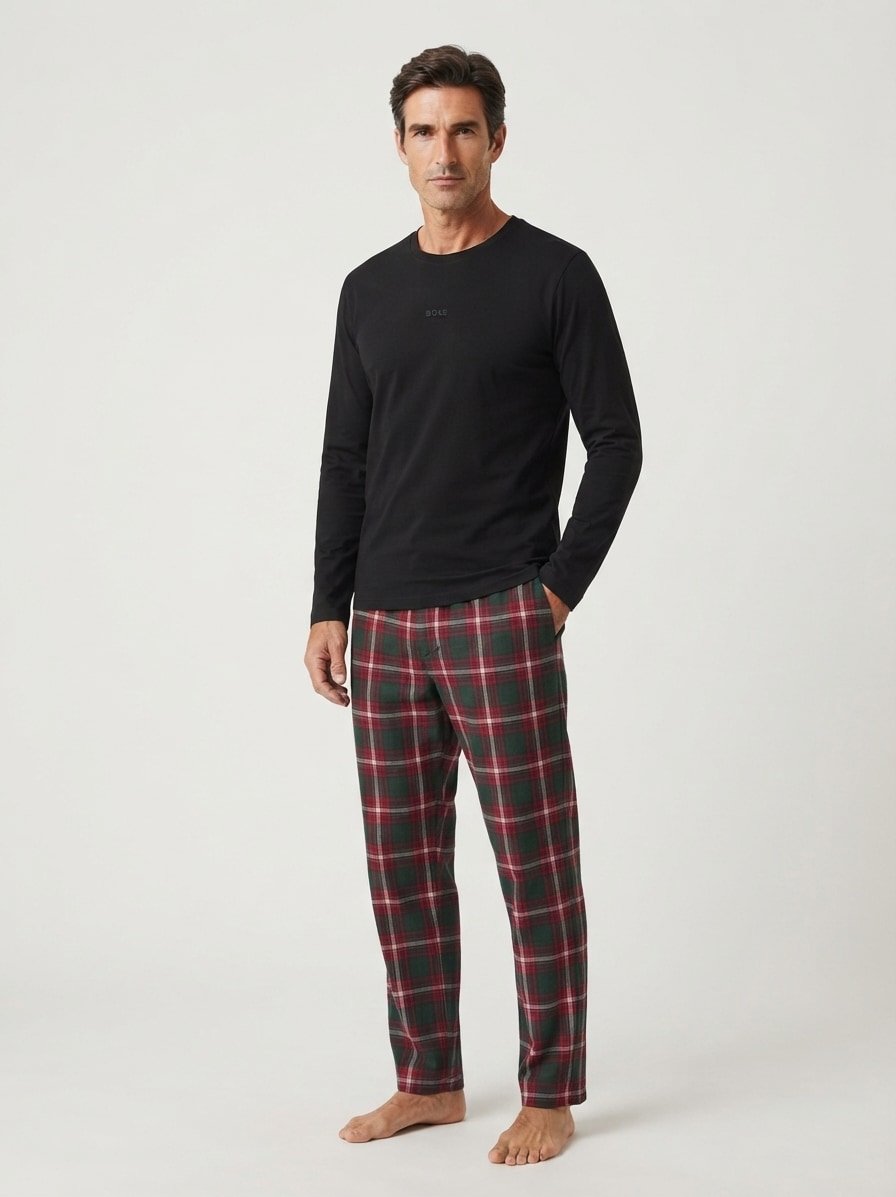 Pyjama, Baumwolle-Viskose, schwarz-rot kariert