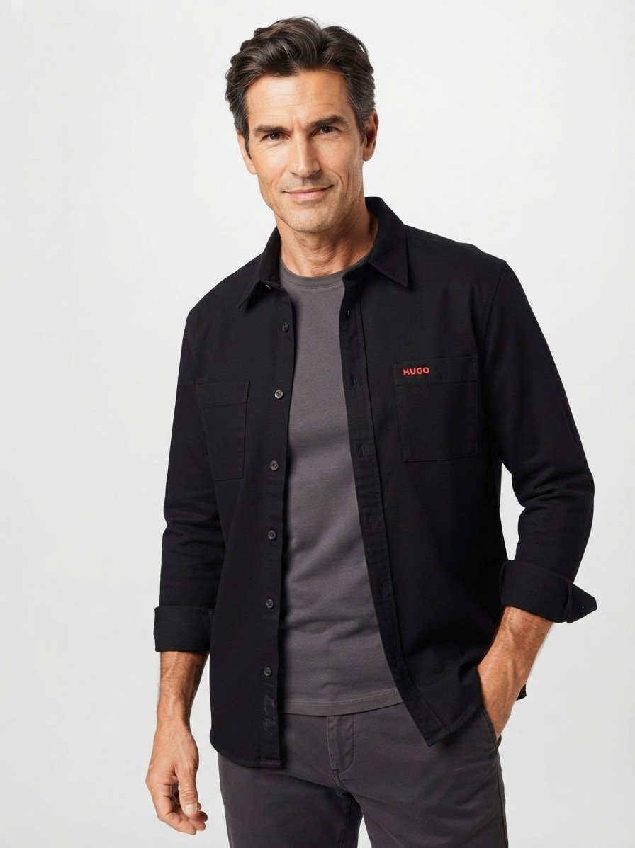 Hemd, Straight, Twill, Kent, Brusttasche, schwarz