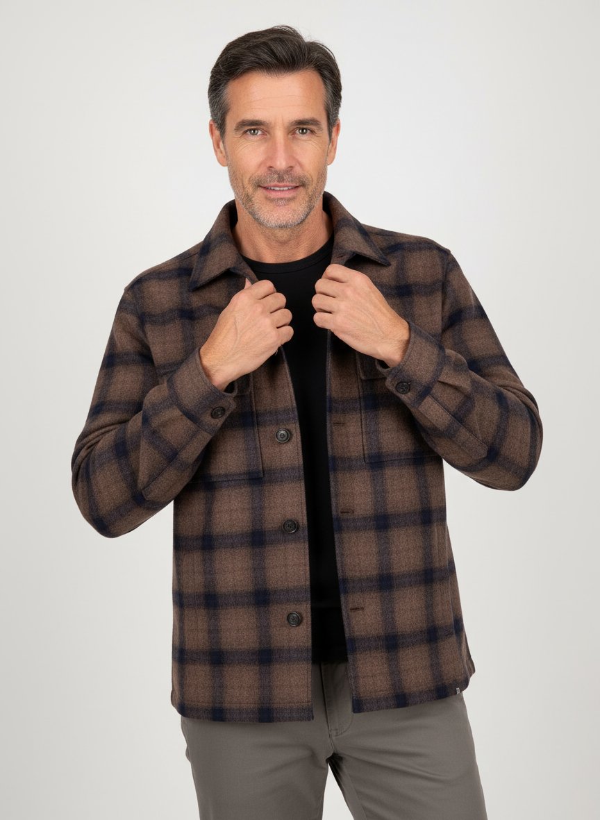 Overshirt Link, Wolle, braun kariert
