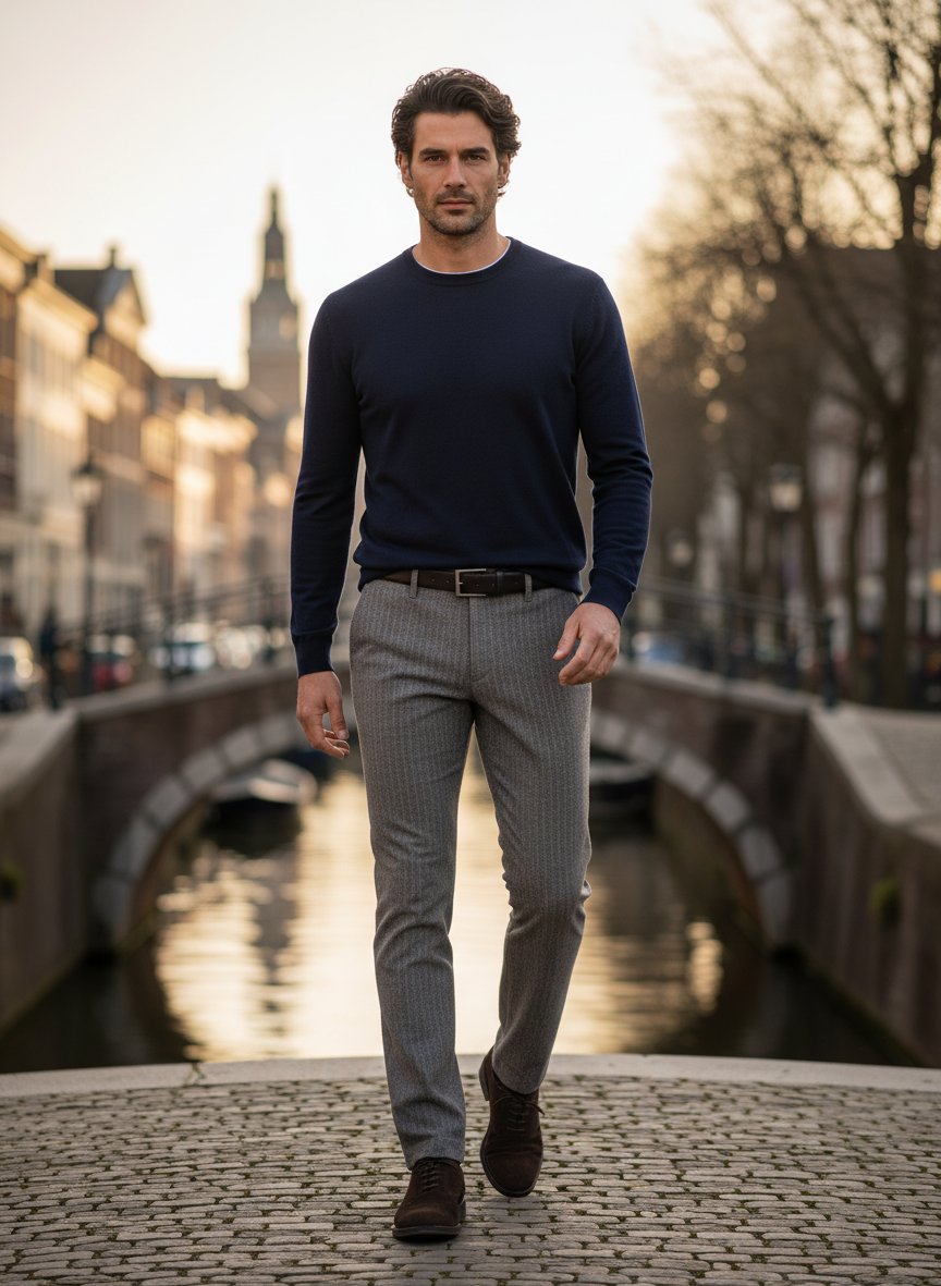 Smart Wool Look, Lou-KL, Regular Fit, Baumwolle-Mikrofaser, grau-braun gestreift