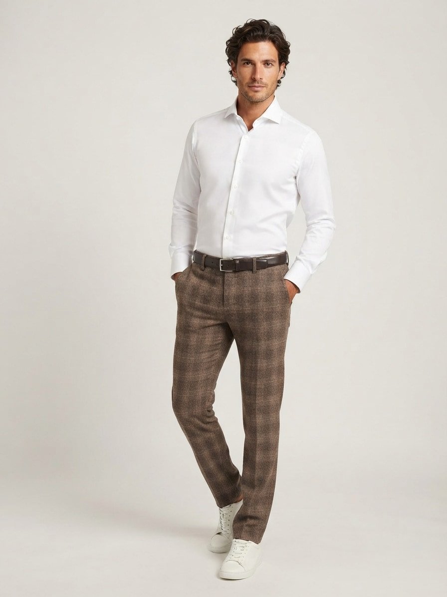 Wool Glencheck, Regular Fit, Modell Lou, Woll-Stretch, dunkelbraun kariert