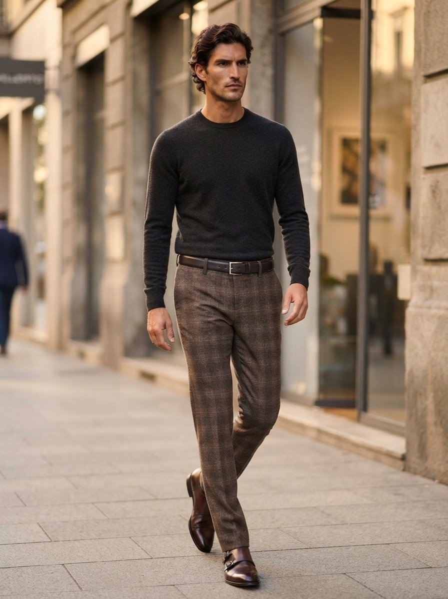 Wool Glencheck, Regular Fit, Modell Lou, Woll-Stretch, dunkelbraun kariert