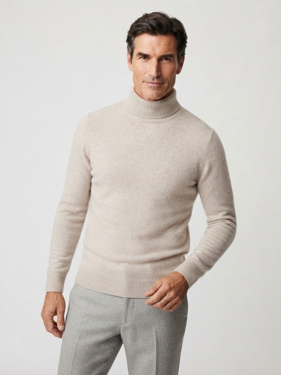 Rollkragenpullover, Merinowolle-Kaschmir, beige meliert