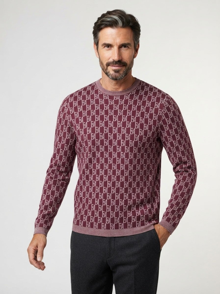 Pullover, Wolle, dunkelrot-beige