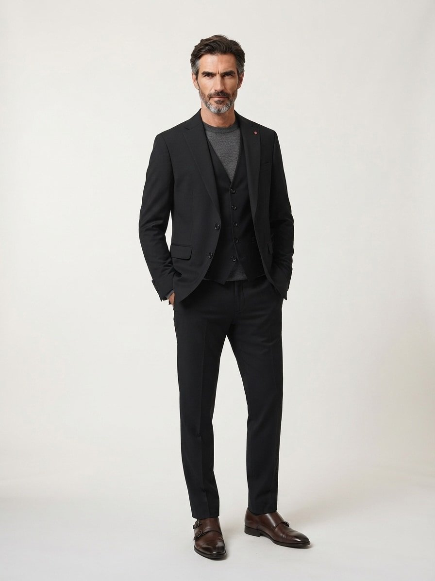Anzug mit Weste, Slim Fit, Schurwoll-Stretch, schwarz