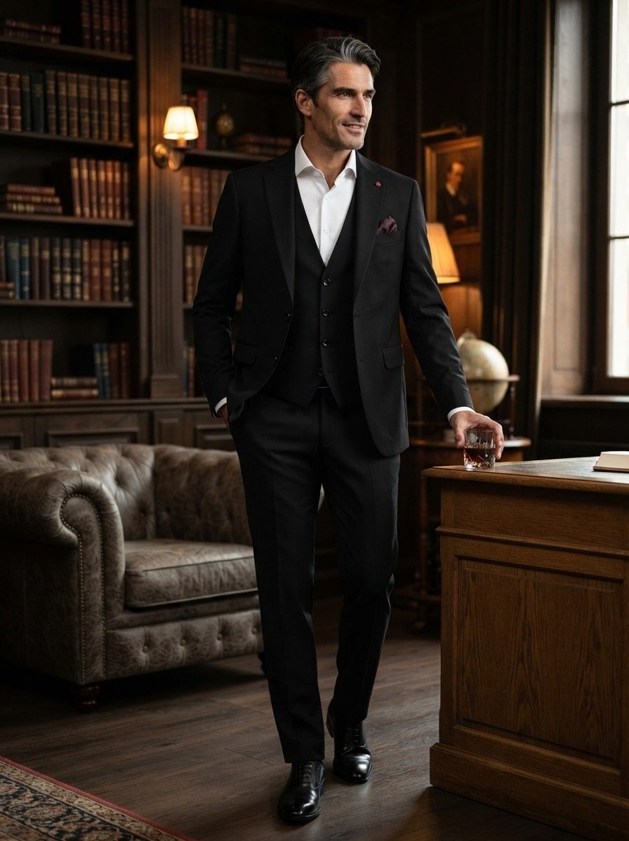 Anzug mit Weste, Slim Fit, Schurwoll-Stretch, schwarz