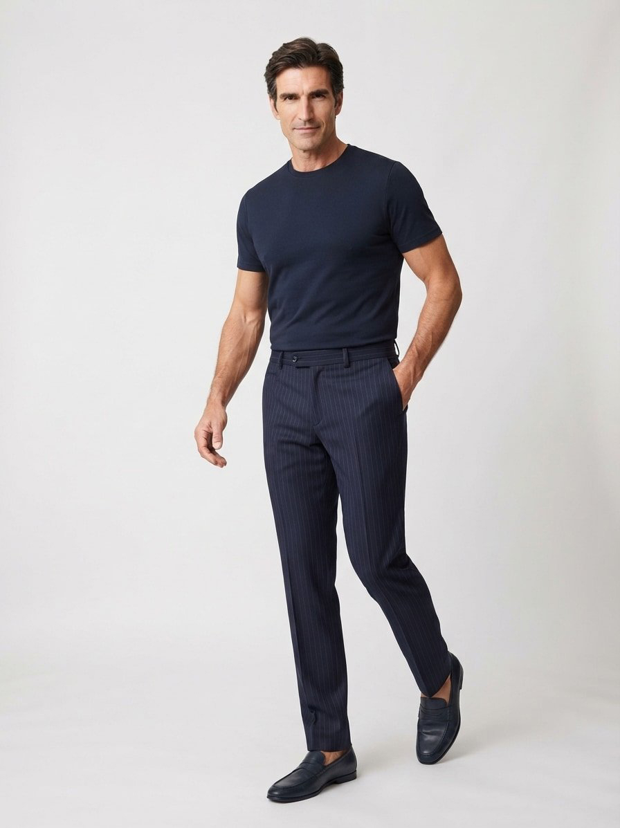 Hose, Slim Fit, Schurwoll-Stretch, dunkelblau gestreift