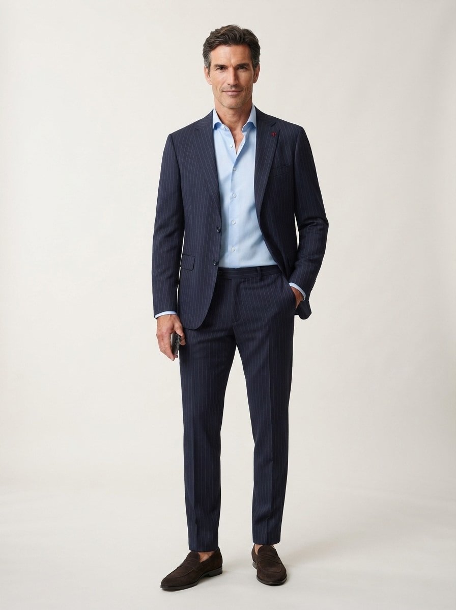 Anzug, Slim Fit, Schurwoll-Stretch, dunkelblau gestreift