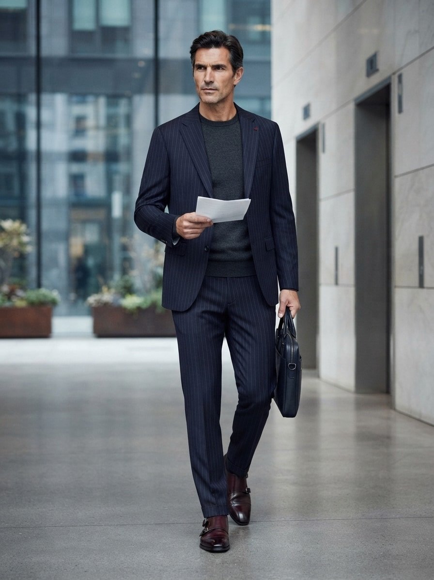 Anzug, Slim Fit, Schurwoll-Stretch, dunkelblau gestreift