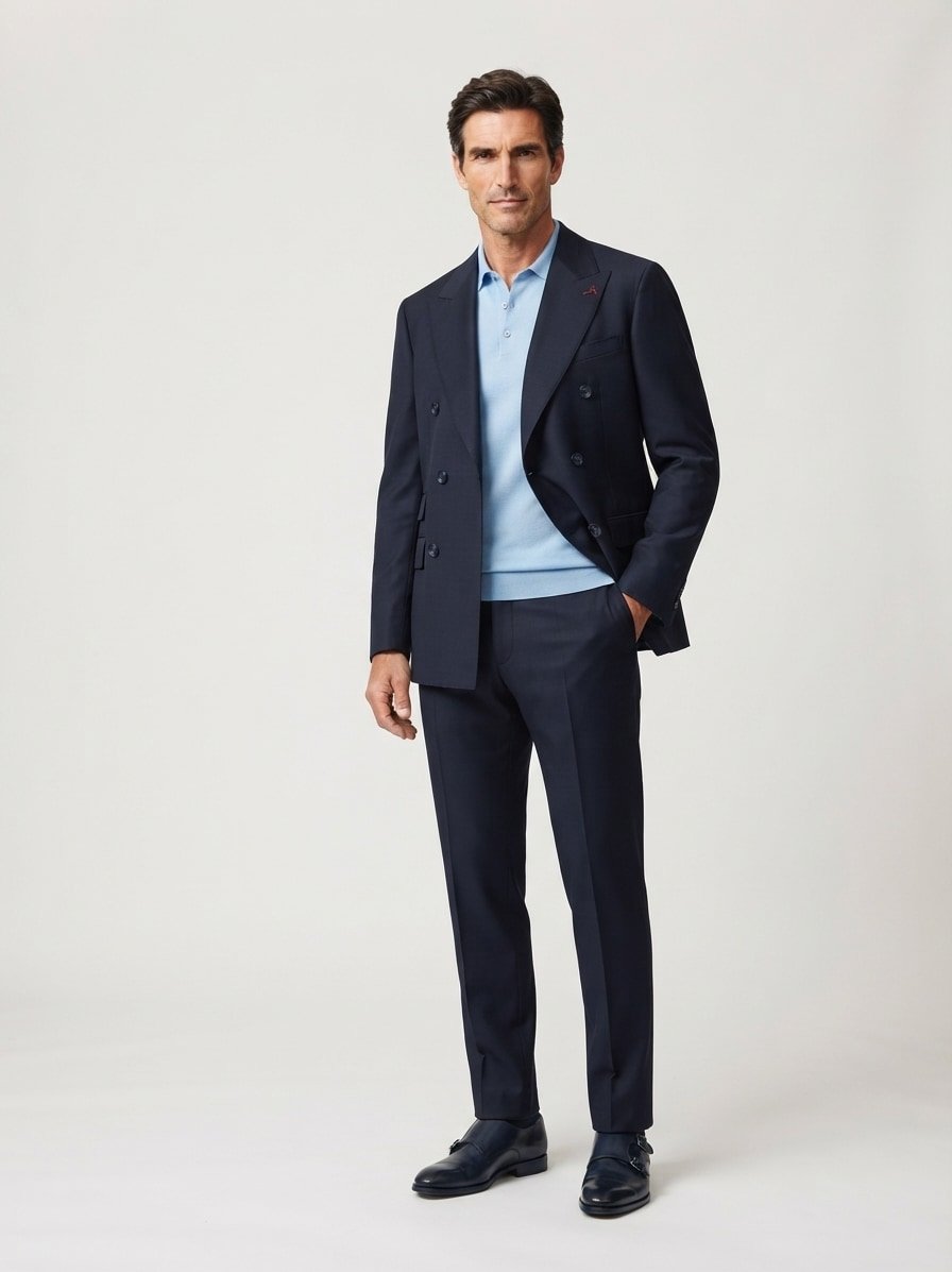 Zweireiher-Anzug, Slim Fit, Schurwoll-Stretch, dunkelblau