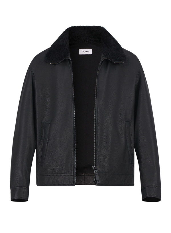 Lederjacke Goat Deer, Ziegennappa, Echtfellkragen, schwarz wattiert