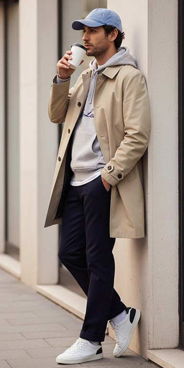 Mantel trifft Hoodie, Komplett-Outfit