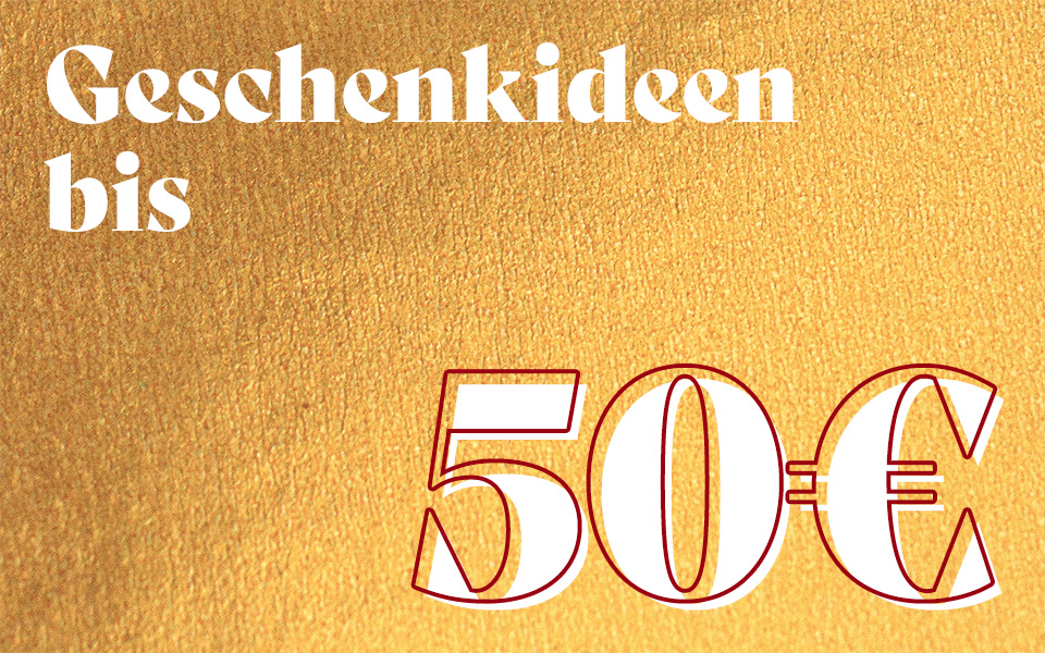 Goldener Hintergrund mit Schriftzug „Geschenkideen bis 50 €“ – stilvolles Banner für günstige Geschenkideen.