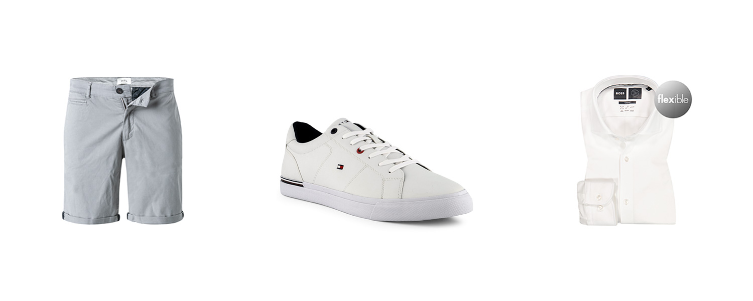 Weißer Sneaker mit Chino-Shorts gestylt