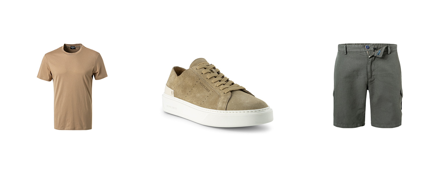 Hellbrauner Sneaker kombiniert mit grauer Shorts