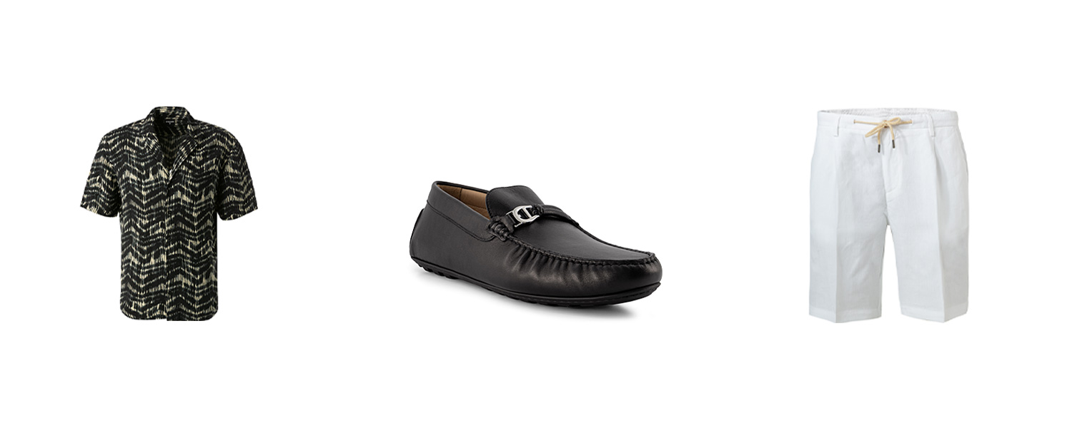 Mokassins mit weißer Leinenhose und buntem Hemd kombiniert