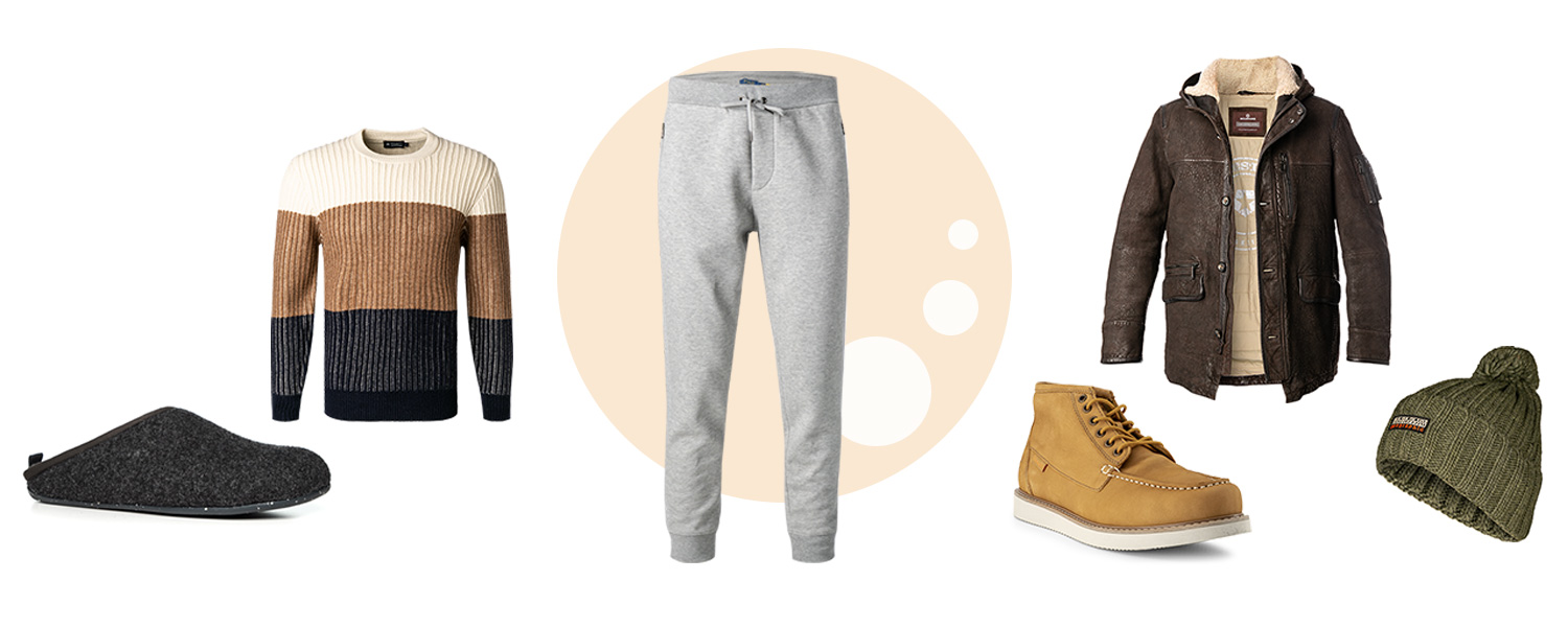 Graue Jogginghose mit warmer Lederjacke kombiniert