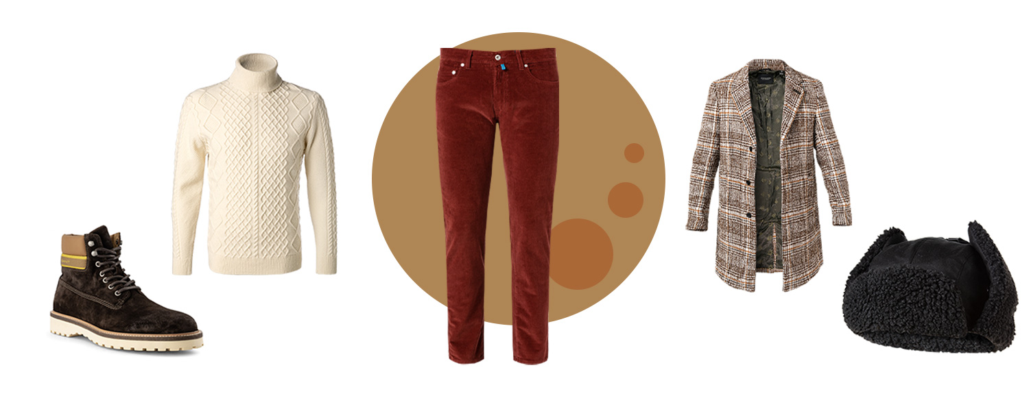 Rote Cordhose mit strukturiertem Rollkragen in Offwhite kombiniert